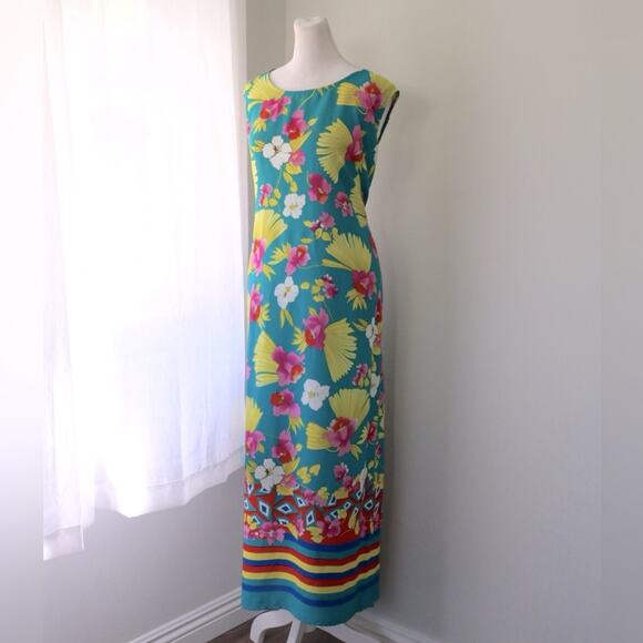 Vintage Y2K Mlle Gabrielle Dark Aqua Floral Print Sleeveless Tie Back Maxi Dress - Picture 1 of 7